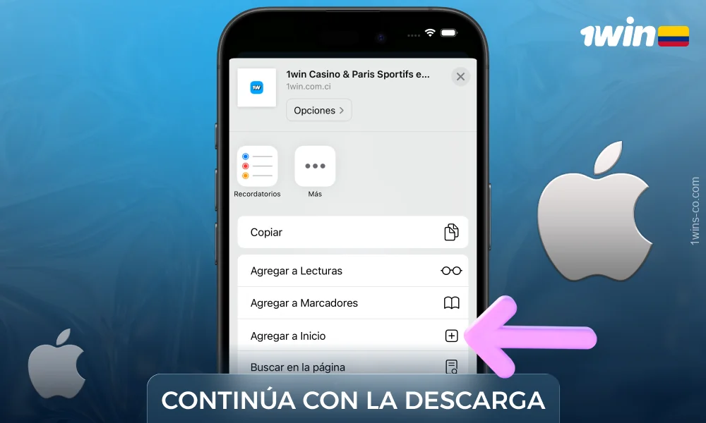Seleccione Añadir a la pantalla de inicio para descargar la aplicación 1win para iOS